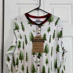 NWT XXL Lazy One Adult Pajamas White/Green Tree Pattern/red plaid cuff/trap door